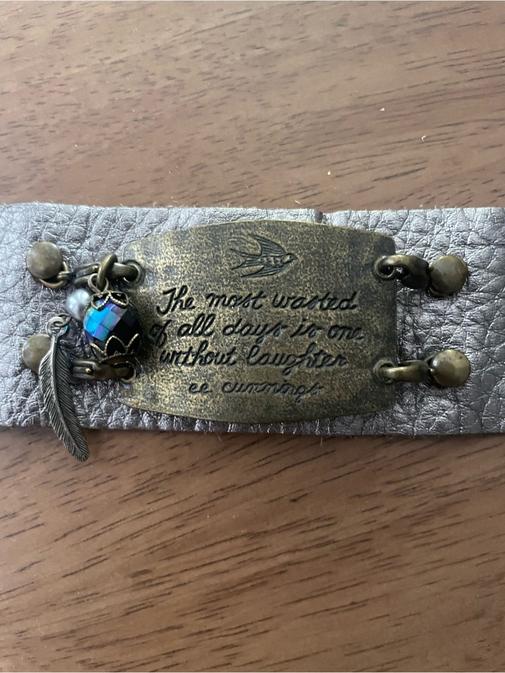 Inspirational Metallic Leather Bracelet with Brass Plate and Charms